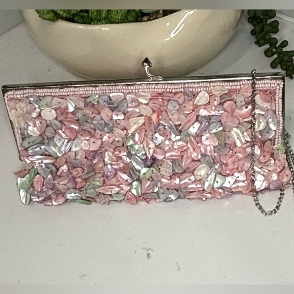 Moyna Multicolor Floral Beaded Clutch, Mother of Pearl